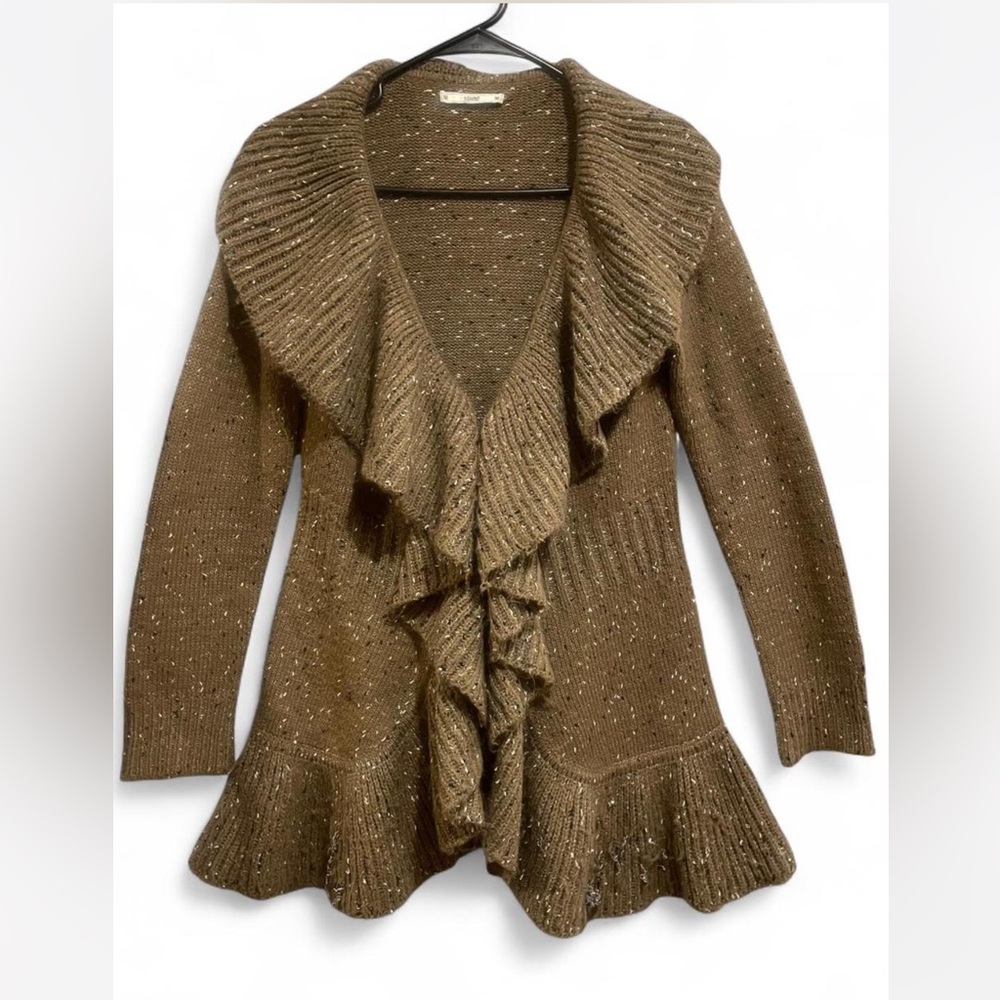 Silomi Ruffle Front Knit Cardigan Brown Flecked Boho Sweater S/M